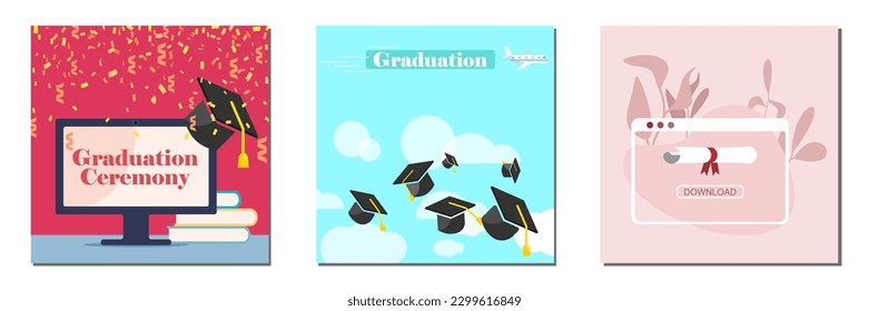 Clase de graduado. Ilustración del vector caps, diseño de banner. Juego de tarjetas de la universidad para graduación universitaria 