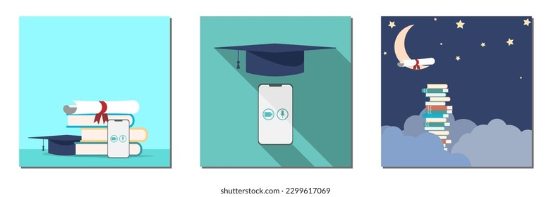 Graduate class. Caps Vector illustration, banner design. College graduation university card set 
