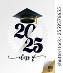 Graduate class template logo 2025, laurel wreath and graduation cap. Class of 2025 handwritten typography lettering text Congratulations graduates line design gold banner.  Vector illustration.