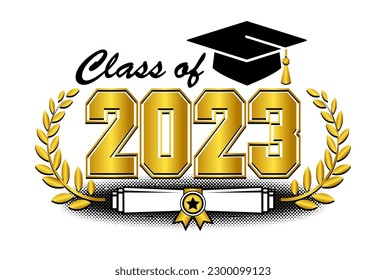 Graduate class template logo with diploma, laurel wreath and graduation cap. Vector on transparent background