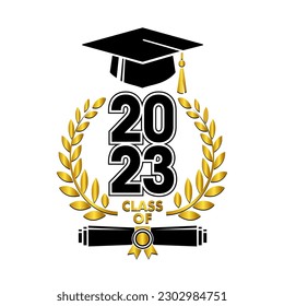 Graduate class template logo with diploma, laurel wreath and graduation cap. Vector on transparent background