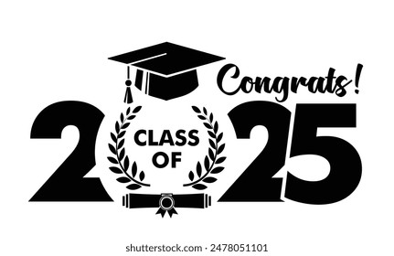 Graduate class template logo with diploma, laurel wreath and graduation cap. Vector on transparent background