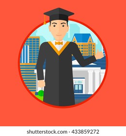 A graduate in cloak and graduation cap. A graduate giving thumb up. Graduate celebrating on a background of educational building. Vector flat design illustration in the circle isolated on background.