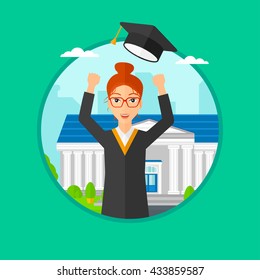 Graduate in cloak and graduation hat. Graduate throwing up her hat. Graduate celebrating on a background of educational building. Vector flat design illustration in the circle isolated on background.