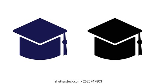 Graduate collage icon set. Vector illustration of graduation cap. Black and dark blue cap.