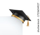 Graduate college, high school or university cap isolated on white background. Vector 3d degree ceremony hat with white paper banner. Black educational student cap and blank frame
