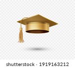 Graduate college, high school or university cap isolated on transparent background. Vector gold 3d degree ceremony hat. Golden educational student symbol 