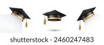 Graduate college, high school or university cap set isolated on white background. Black 3d degree ceremony hat with paper banner. Vector educational student symbols