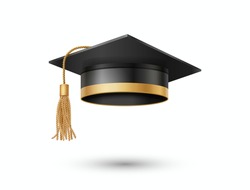 Graduate College, High School Or University Cap Isolated On White Background. Vector 3d Degree Ceremony Hat With Golden Tassel. Black Educational Student Cap Icon.
