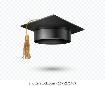 Graduate college, high school or university cap isolated on transparent background. Vector 3d degree ceremony hat with golden tassel. Black educational student cap icon.
