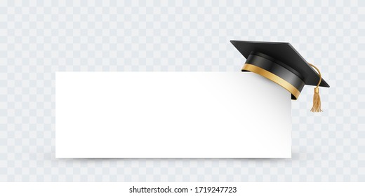 Graduate college, high school or university cap isolated on transparent background. Vector 3d degree ceremony hat with white paper banner. Black educational student cap and blank frame