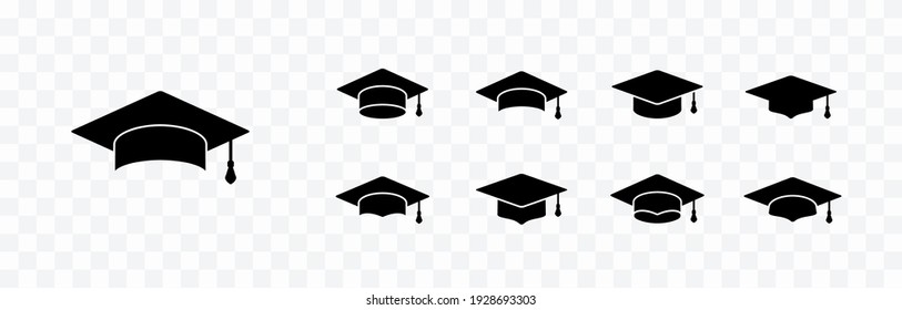 Graduate college, high school or university cap icon isolated on transparent background. Vector black degree ceremony hats. Stroke educational student symbol set