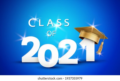 Graduate college, high school or university cap with Class of 2021 on blue background. Vector gold 3d degree ceremony hat and student congratulation ceremony element