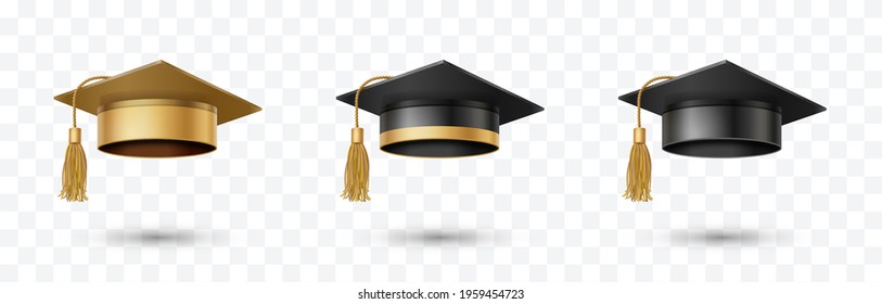 Graduate college, high school or university cap set isolated on transparent background. Vector gold and black 3d degree ceremony hats. Golden educational student symbols