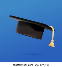 Graduate college, high school or university cap isolated on blue background. Vector 3d degree ceremony hat banner. Black educational student cap 3D vector illustration. Vector icon. Back to school