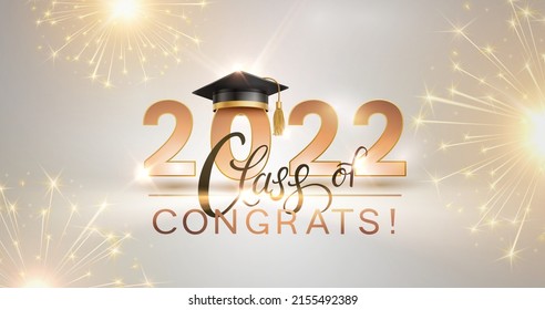 Graduate college, high school or university cap with gold Congrats Class of 2022 background. Vector student ceremony hat and sparkle congratulation poster