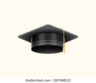 Graduate college, high school or university cap isolated. 3d degree ceremony hat with golden tassel. Black educational student cap icon. Realistic vector illustration