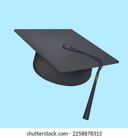 Graduate college, high school or university cap isolated on blue background. Vector 3d degree ceremony hat banner. Black educational student cap 3D vector illustration. Vector icon. Back to school