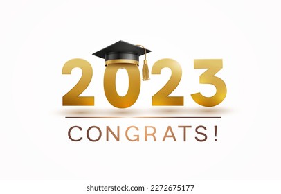 Graduate college, high school or university cap with Congrats gold 2023 on white background. Vector black student ceremony hat and congratulation ceremony banner