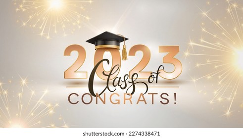 Graduate college, high school or university cap with gold Congrats Class of 2023 background. Vector student ceremony hat and sparkle congratulation poster