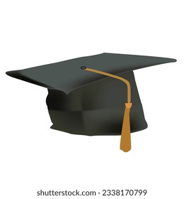 Graduate college, high school or university cap isolated on white background. Vector 3d degree ceremony hat with golden tassel. Black educational student cap icon.
