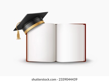 Graduate college, high school or university cap with blank open book isolated on white background. Vector 3d degree ceremony hat and diary. Black student symbol, blank notebook, album template