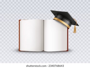 Graduate college, high school or university cap with blank open book isolated on transparent background. Vector 3d degree ceremony hat and diary. Black student symbol, blank notebook, album template