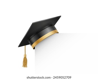 Graduate college, high school or university cap isolated on white background. Vector 3d degree ceremony hat with paper banner. Black educational student cap and blank frame