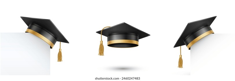 Graduate college, high school or university cap set isolated on white background. Black 3d degree ceremony hat with paper banner. Vector educational student symbols