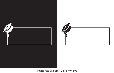 Graduate college, high school or university cap icon isolated on white and black background. Vector degree ceremony hat with line stroke border. Black educational student symbol and blank frame. EPS10