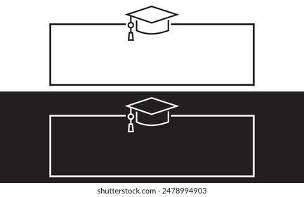 Graduate college, high school or university cap icon isolated on white and black background. Vector degree ceremony hat with line stroke border. Black educational student symbol and blank frame. EPS10