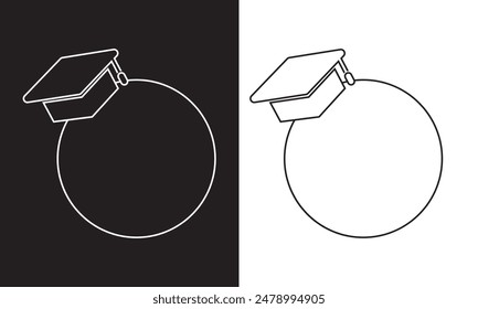 Graduate college, high school or university cap icon isolated on white and black background. Vector degree ceremony hat with line stroke border. Black educational student symbol and blank frame. EPS10