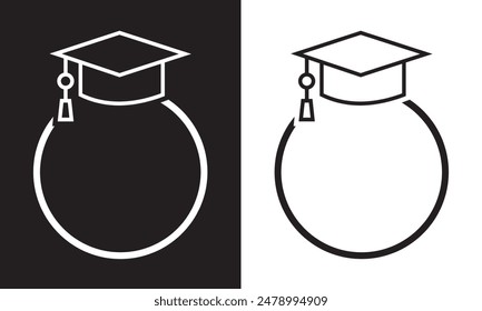 Graduate college, high school or university cap icon isolated on white and black background. Vector degree ceremony hat with line stroke border. Black educational student symbol and blank frame. EPS10