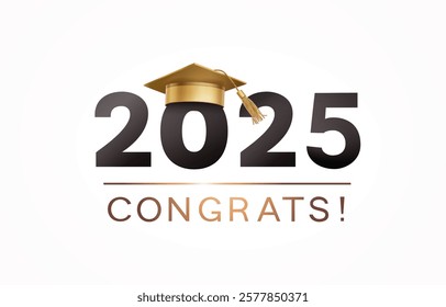 Graduate college, high school or university cap with Congrats on white background. Vector degree ceremony hat and congratulation. Golden educational student symbol