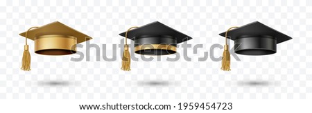 Graduate college, high school or university cap set isolated on transparent background. Vector gold and black 3d degree ceremony hats. Golden educational student symbols Foto d'archivio © 