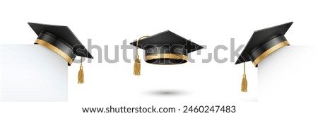 Graduate college, high school or university cap set isolated on white background. Black 3d degree ceremony hat with paper banner. Vector educational student symbols