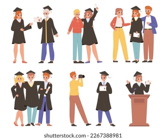 Graduate college students hold diploma, standing with friends and parents. Student get certificate, bachelor degree. University snugly vector characters