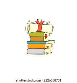 Graduate concept for university or college with books stack and degree diploma. Success high school education concept. Vector hand drawn certificate and books stack