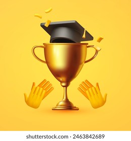Concepto de graduado. Gana una copa con sombrero de graduado y aplausos. Logros académicos