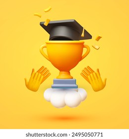 Graduate concept. Win cup with graduate hat and applauds. Academic achievements
