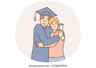 Graduate concept. A young graduate in a cap with a diploma next to his mother. The young specialist graduated from the university. Education and training, learning.