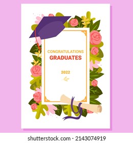 Graduate congratulations card with diploma and hat. Celebrating graduation ceremony, student university degree, gaining bachelor studies, college party cartoon vector illustration