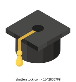 Graduate convocation cap, mortarboard icon in isometric design.