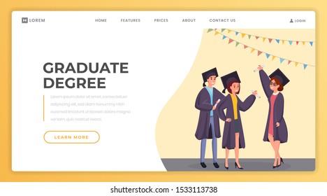 Graduate degree landing page vector template. Online school, college website homepage interface idea with flat illustration. Bachelor diploma, certificate obtaining web banner, webpage cartoon concept