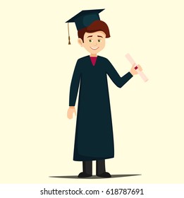 graduate with diploma. cartoon boy wearing a gown and cap holding a diploma. student graduate, vector illustration in flat style isolated from the background