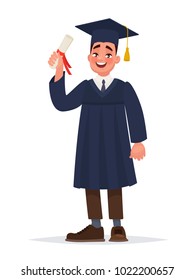 A graduate with a diploma. The guy in the mantle finished his studies at the university. Vector illustration in cartoon style