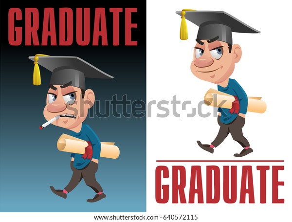 A graduate with a diploma scroll and graduate\
cap. Smoking on dark background and smiling isolated on white.\
Cartoon styled vector illustration. Elements is grouped and divided\
into layers.