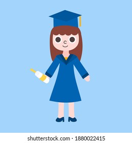 Graduate with diploma.Child in cap.A girl celebrating university graduation.A student wearing academic dress.