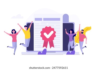 Graduate distant education, certificate of digital learning, virtual graduation concept. Vector illustrations.