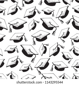 Graduate doodle black hat seamless pattern with diploma, graduation caps thrown in the air, square academic cap, mortarboard for college, university students, education concept, white background